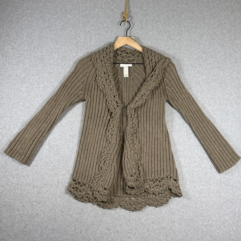 Kenar Cardigan Sweater Taupe Ribbed Crochet Trim Wool Blend Boho Earthy Cozy - Picture 9 of 9
